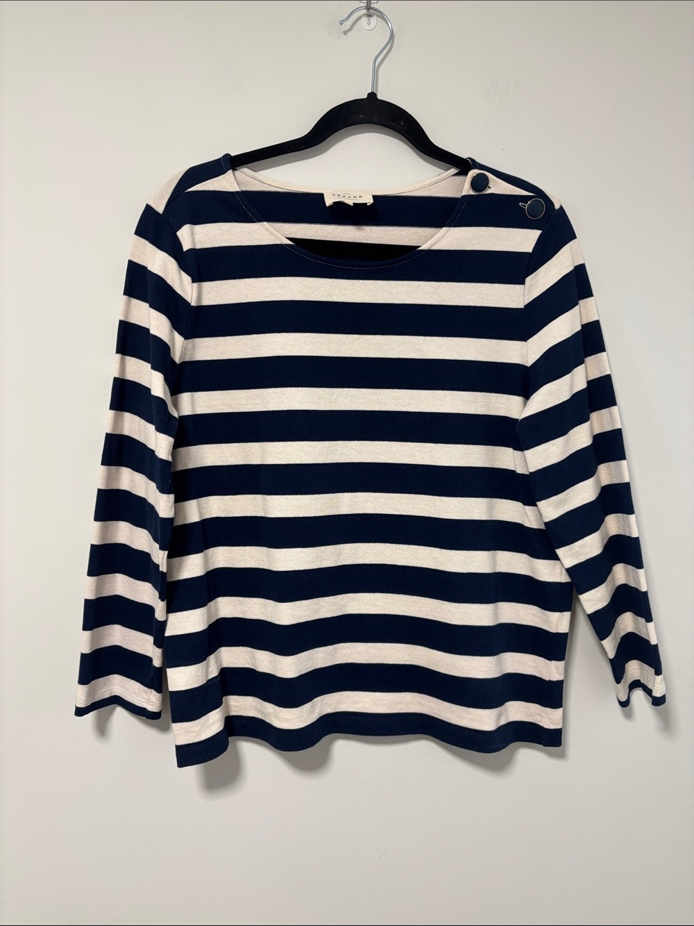Sezane Navy & White Mariniere Striped Long-Sleeve Top with Shoulder Buttons
